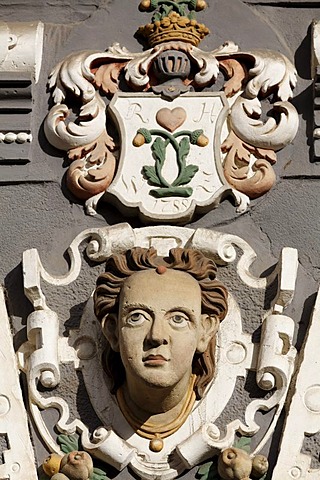 Sculptural decoration on a Renaissance facade, Haus zum Stockfisch Museum, Erfurt, Thuringia, Germany, Europe, PublicGround