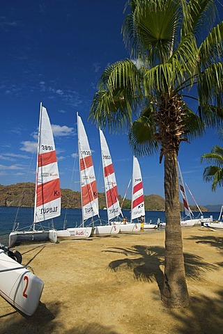 Catamarans on the beach of the D-Hotel Maris in Marmaris, Turkish Aegean Coast, Turkey