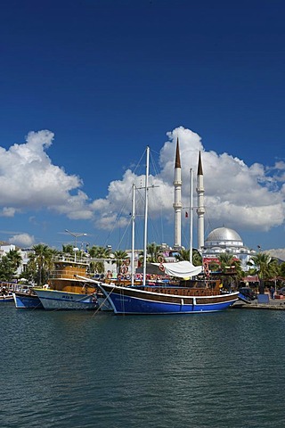 Harbour and mosque in Turgutreis near Bodrum, Turkish Aegean Coast, Turkey