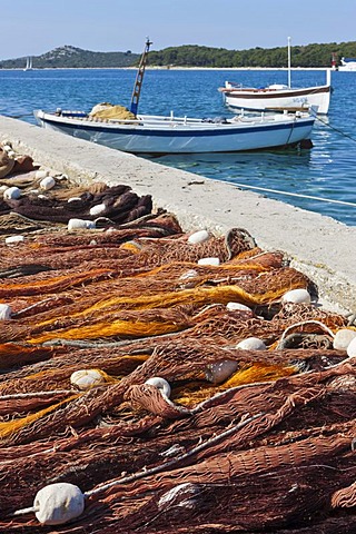 Fishermen have spread out their nets at the roadside for drying, Rgoznica, central Dalmatia, Dalmatia, Adriatic coast, Croatia, Europe, PublicGround