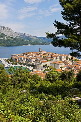 Overlooking the historic town centre of Korcula, Central Dalmatia, Dalmatia, Adriatic coast, Croatia, Europe, PublicGround
