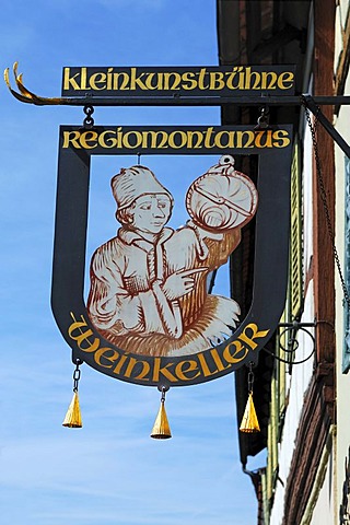 Hanging sign "Regiomontanus" wine cellar and cabaret, Salzmarkt street, Koenigsberg, Lower Franconia, Bavaria, Germany, Europe