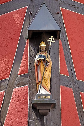 Statue of St Urban, 1704, on a half-timberd house, Hauptstrasse 33, Gengenbach, Baden-Wuerttemberg, Germany, Europe