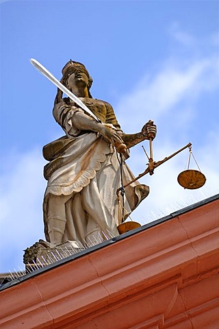 Statue of Justitia, Lady Justice, on top of the neo-classical town hall, 1784, Am Markt, Gengenbach, Baden-Wuerttemberg, Germany, Europe