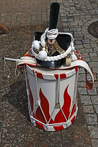 Drum and helmet of Napoleonic troops, in 1808, at a historic celebration in Gengenbach, Baden-Wurttemberg, Germany, Europe