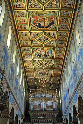 Interior view of St. Mary's Church with organ, ceiling design from 1895-1906, Klosterstrasse, Gengenbach, Baden-Wuerttemberg, Germany, Europe