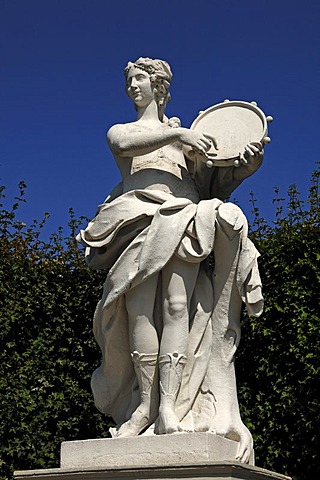 Female statue with a tambourine, Unteres Schloss Belvedere palace, character from the Graeco-Roman mythology, Rennweg street, Vienna, Austria, Europe