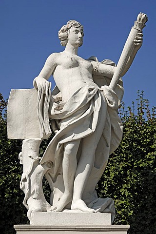 Female sculpture with beacon and book, figure from Greek-Roman mythology, Lower Belvedere, 18th Century, Rennweg, Vienna, Austria, Europe