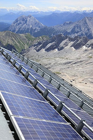 Solar panels at Munich House on Mt Zugspitze, Wetterstein range, Bavaria, Germany, Europe