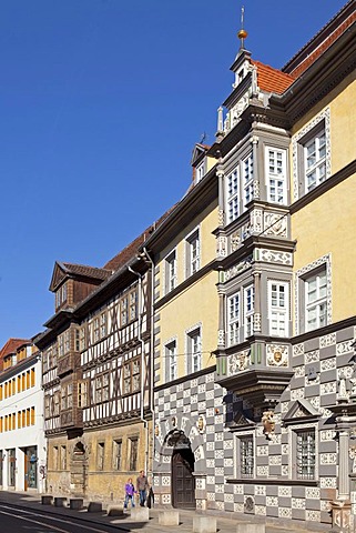 House "Zum Mohrenkopf", left, and "Zum Stockfisch", town museum, right, Erfurt, Thuringia, Germany, PublicGround