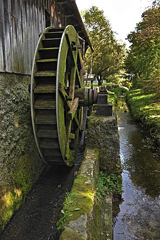 Waterwheel of a sawmill, Bauernhausmuseum Amerang farmhouse museum, Amerang, Bavaria, Germany, Europe