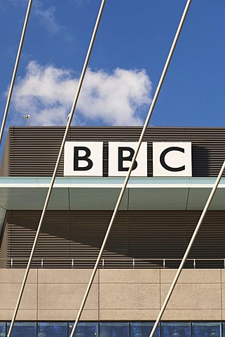 BBC sign at the new BBC Manchester office at MediaCityUK, Salford Quays, Salford, Manchester, England, United Kingdom, Europe