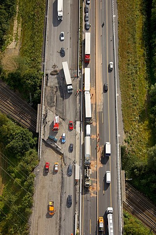 Aerial view, traffic backed up due to an accident with a truck resulting in closure of the highway, A2 motorway between Hamm-Rhynern and Hamm, Ruhr Area, North Rhine-Westphalia, Germany, Europe