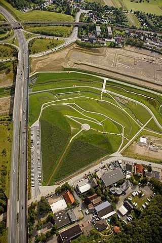 Aerial view, reclaimed land of a former dump with a path leading to a vantage point over Phoenix-See, an artificial lake, Dortmund, Ruhr Area, North Rhine-Westphalia, Germany, Europe