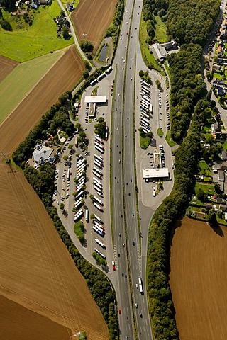 Aerial view, Autobahnraststaette Lichtendorf, south and north highway rest stops, truck parking, A1 motorway, Schwerte, Ruhr Area, North Rhine-Westphalia, Germany, Europe