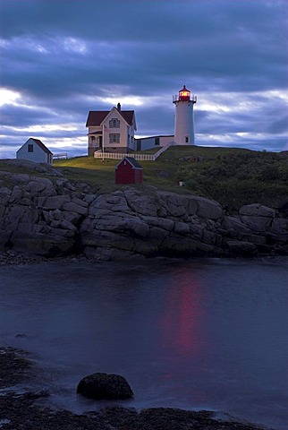 Nubble Light, Cape Neddick Lighthouse, before sunrise, Maine, USA