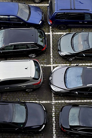 Parked cars seen from a bird's eye view, Duesseldorf, North Rhine-Westphalia, Germany, Europe