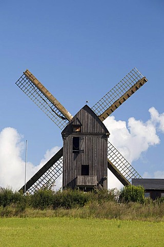 Bockwindmuehle windmill in Pudagla, Usedom Island, Mecklenburg-Western Pomerania, Baltic Sea, Germany, Europe, PublicGround
