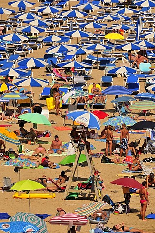 Bathers on Playa Levante beach, mass tourism, Benidorm, Costa Blanca, Spain, Europe