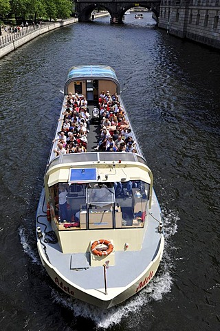 Excursion boat with tourists near the Bode Museum, river Spree, Museumsinsel, Museum Island, UNESCO World Heritage Site, Mitte quarter, Berlin, Germany, Europe, PublicGround