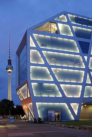 Humboldt Box, Berlin's most innovative exhibition space about the Humboldt Forum and the construction of the City Palace, Schlossplatz 5, Schlossbruecke, Castle Bridge, Unter den Linden, Am Lustgarten, TV Tower, Berlin Mitte, Berlin, Germany, Europe