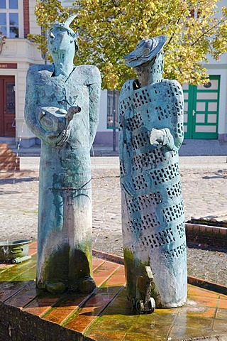 Figures from the fountain and sculptures by Christian Uhlig on the market square, Angermuende, Brandenburg, Germany, Europe