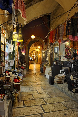 Bazaar alley between the Arab quarter, at front, and the Jewish quarter, at back, old city, Jerusalem, Israel, Middle East