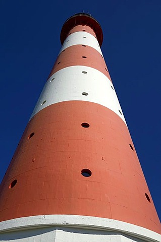 Westerheversand lighthouse, worm's-eye view, landmark of the Eiderstedt peninsula, North Friesland district, Schleswig-Holstein, Germany, Europe