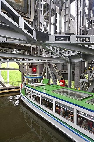 Steel construction with a boat, Niederfinow boat lift, Brandenburg, Germany, Europe