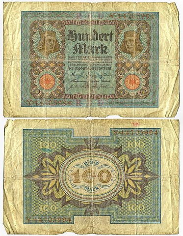 Old banknote, front, Reichsbanknote, 100 mark, Reichsbankhauptkasse, Reichsbankdirektorium, circa 1920