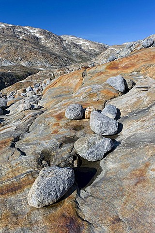 Rock formations and boulders on the Mittivakkat Glacier, Ammassalik Peninsula, East Greenland, Greenland