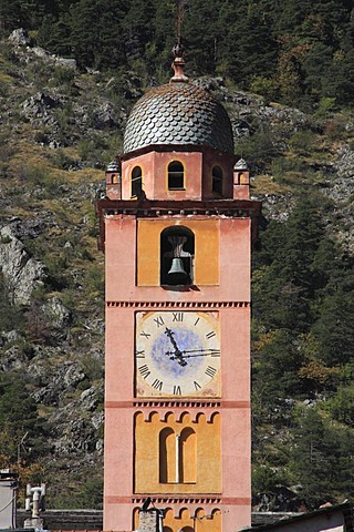 Spire, clock tower and bell tower, Tende, Departement Alpes-Maritimes, Region Provence Alpes Cote d'Azur, France, Europe