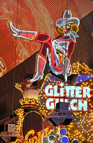 Vicky, famous cowgirl figure on a neon sign in old Las Vegas, Glitter Gulch Casino Hotel, Fremont Street Experience, downtown Las Vegas, Nevada, United States of America, USA, PublicGround