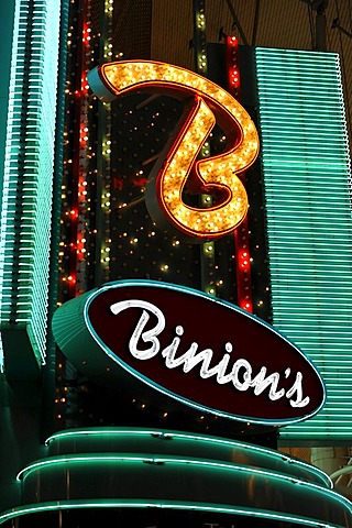 Neon logo of Binion's Horseshoe Gambling Hotel and Casino, Fremont Casino, downtown Las Vegas, Nevada, United States of America, USA, PublicGround