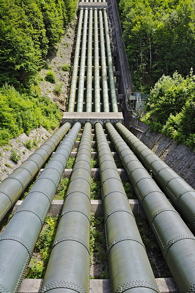 Metal pipes at the Walchenseekraftwerk Hydroelectric Power Station, Kochel am See, Bavaria, Germany, Europe