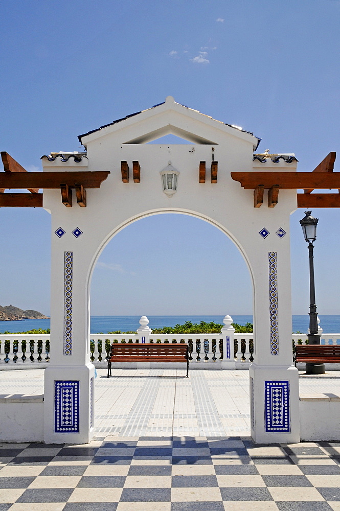 Arch, bench, Balcon del Mediterraneo or balcony of the Mediterranean, observation deck, square, Benidorm, Alicante, Spain, Europe