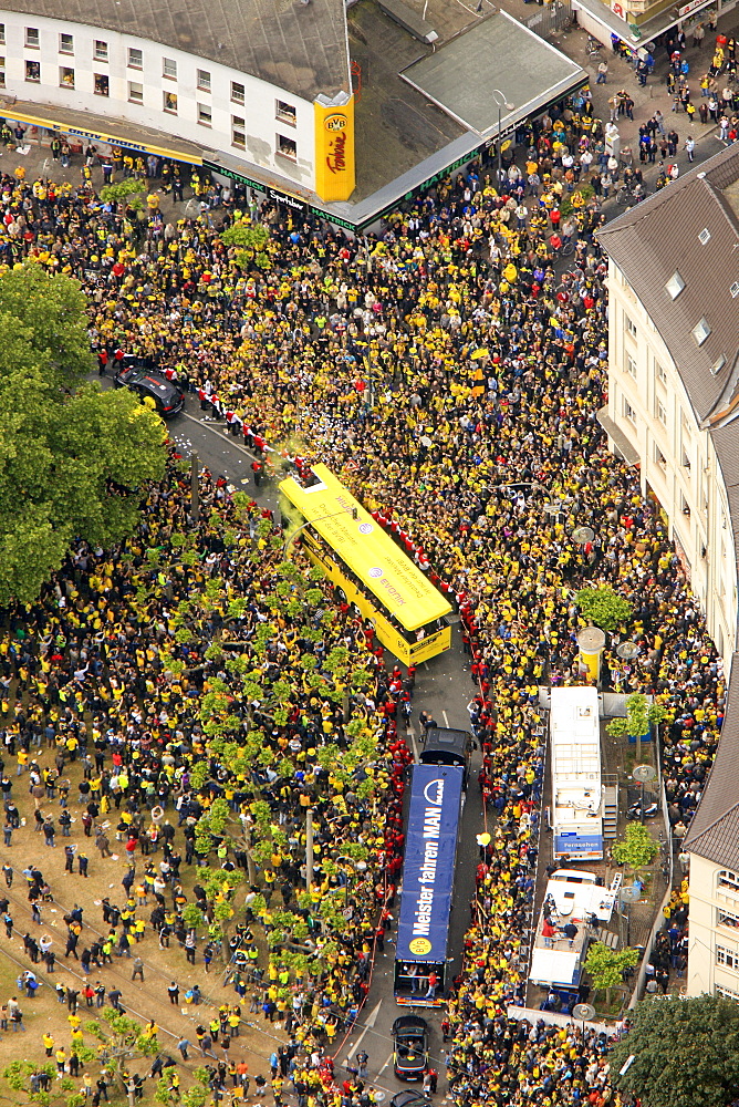 Aerial view, Borsigplatz square, motorcade to celebrate the team of the BVB, Borussia Dortmund, after winning the German Bundesliga 2011, Dortmund, Ruhr area, North Rhine-Westphalia, Germany, Europe