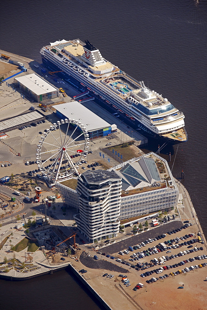 Aerial view, Mein Schiff cruise ship, Cruise Terminal, Chicagokai, Hafencity harbour district, Hamburg, Germany, Europe