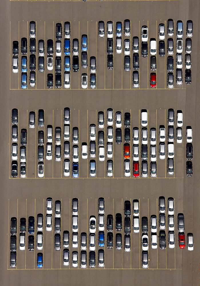 Aerial view, parking site, car and truck import, Logport industrial park in Duisburg-Rheinhausen, Ruhr area, North Rhine-Westphalia, Germany, Europe