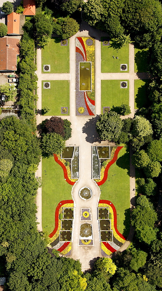 Aerial view, municipal park, Barock flowerbed, Gelsenkirchen, Ruhrgebiet region, North Rhine-Westphalia, Germany, Europe