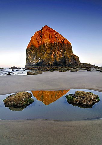 Famous "Haystack Rock" monolith, solidified lava rock at Cannon Beach, tourist attraction, Clatsop County, Oregon, USA, North America