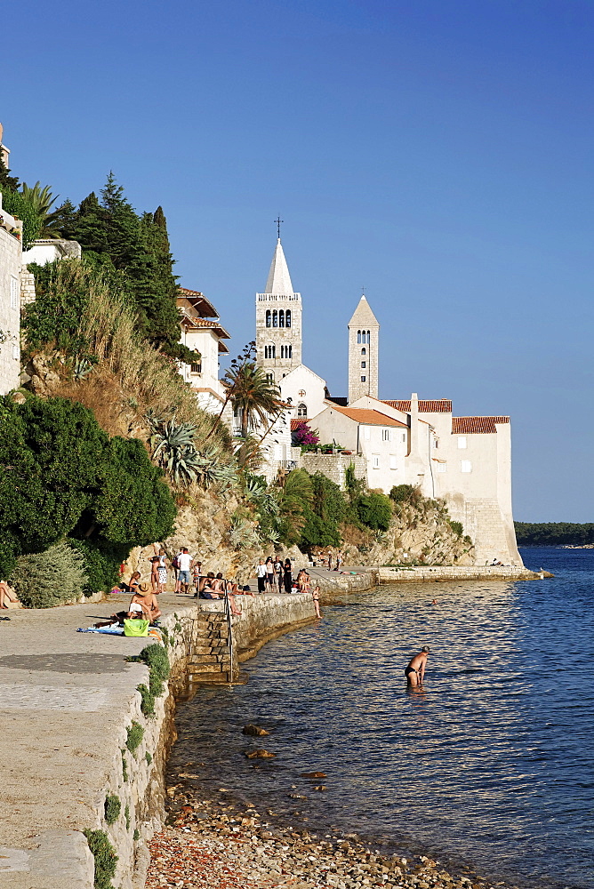 View of two of the four bell towers of the town of Rab, Rab island, Primorje-Gorski Kotar county, Croatia, Europe