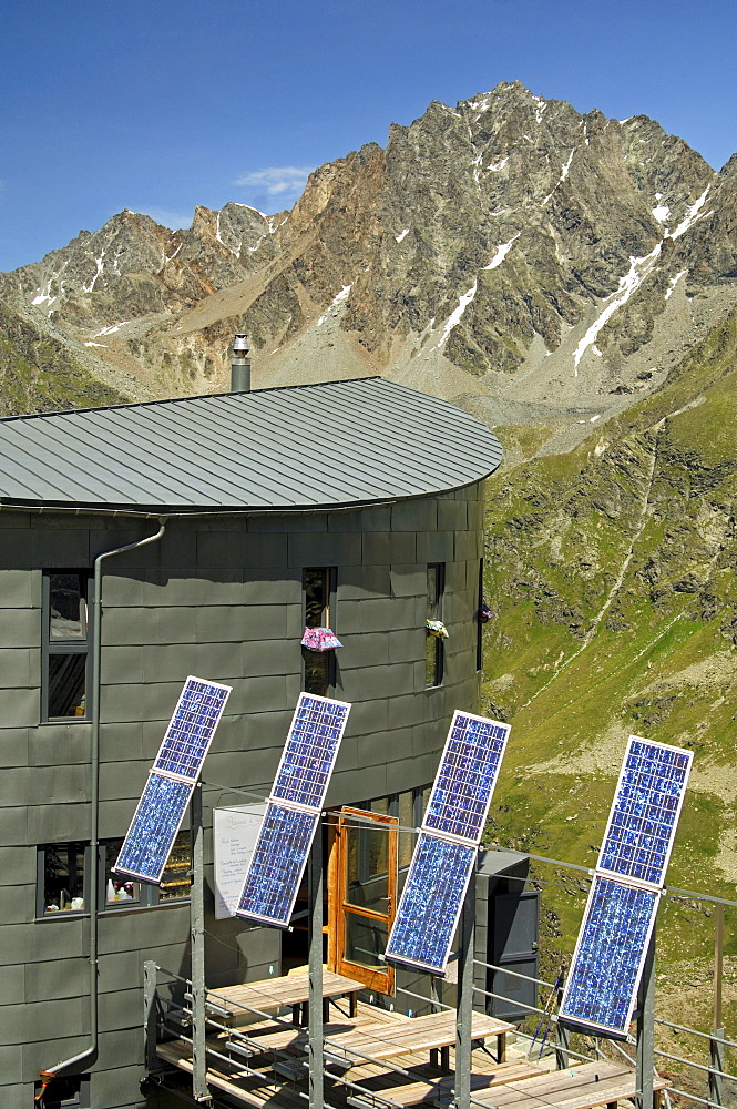 Solar collectors for autonomous energy supply to a mountain hut, Velan Hut, Cabane du Velan, of the Swiss Alpine Club, SAC, Valais Alps, Valais, Switzerland, Europe