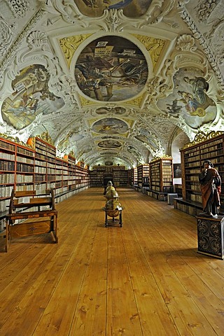 Globes, very old books, library, Hall of Theology, Strahov Monastery, Prague Castle, Hradcany, Prague, Bohemia, Czech Republic, Europe