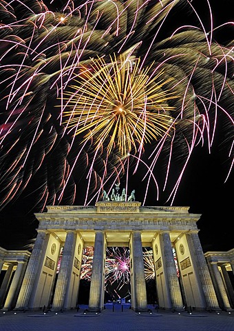 Brandenburg Gate with fireworks display, Berlin, Germany, Europe, composite