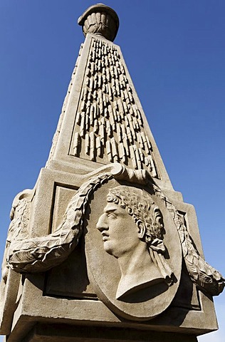 Obelisk with portrait medallion, decoration in the castle garden, Wuerzburg Residence palace, Unesco World Heritage Site, Wuerzburg, Lower Franconia, Bavaria, Germany, Europe