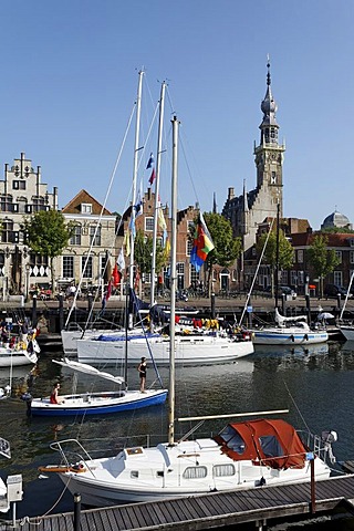 Marina and tower of the town hall, historic town of Veere, Walcheren, Zeeland, Netherlands, Europe