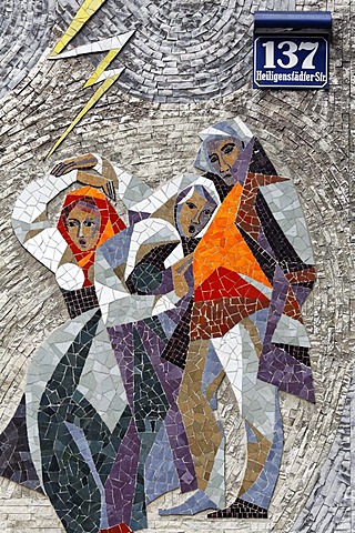 Three rural women protecting themselves from lightning, mosaic on a community tenement complex, 1960s, Vienna, Austria, Europe