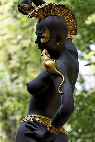 Female statue with an Iroquois haircut and a golden rat sitting on her shoulder, Ernst Fuchs Museum, former mansion of architect Otto Wagner, Vienna, Austria, Europe