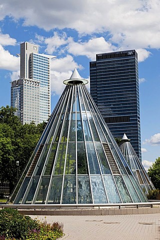 Sky dome of metro station at Friedrich-Ebert-Anlage with Westend Tower at back, Frankfurt am Main, Hesse, Germany, Europe